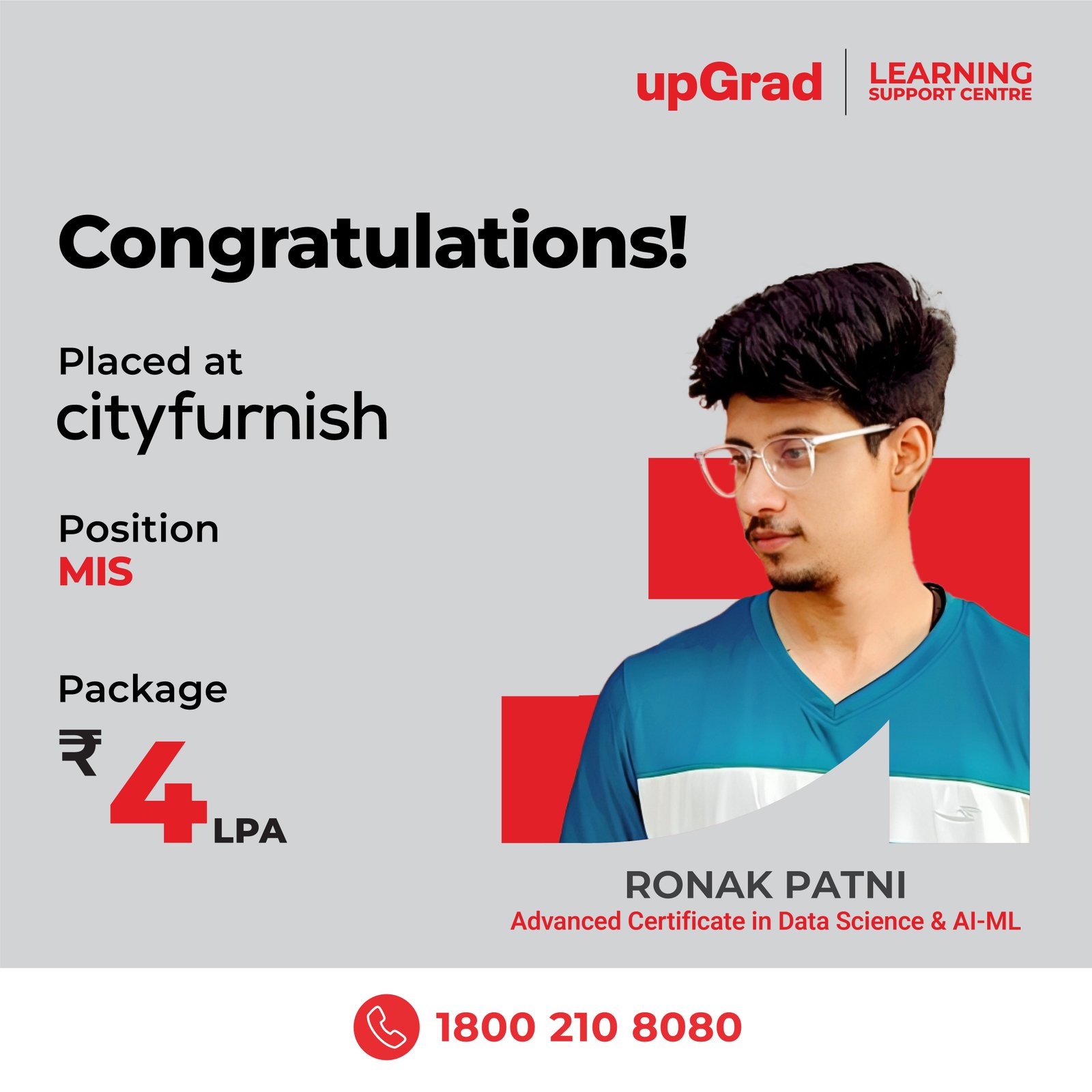 Ronak Patni placed at cityfurnish for an MIS position with a package of 4 LPA